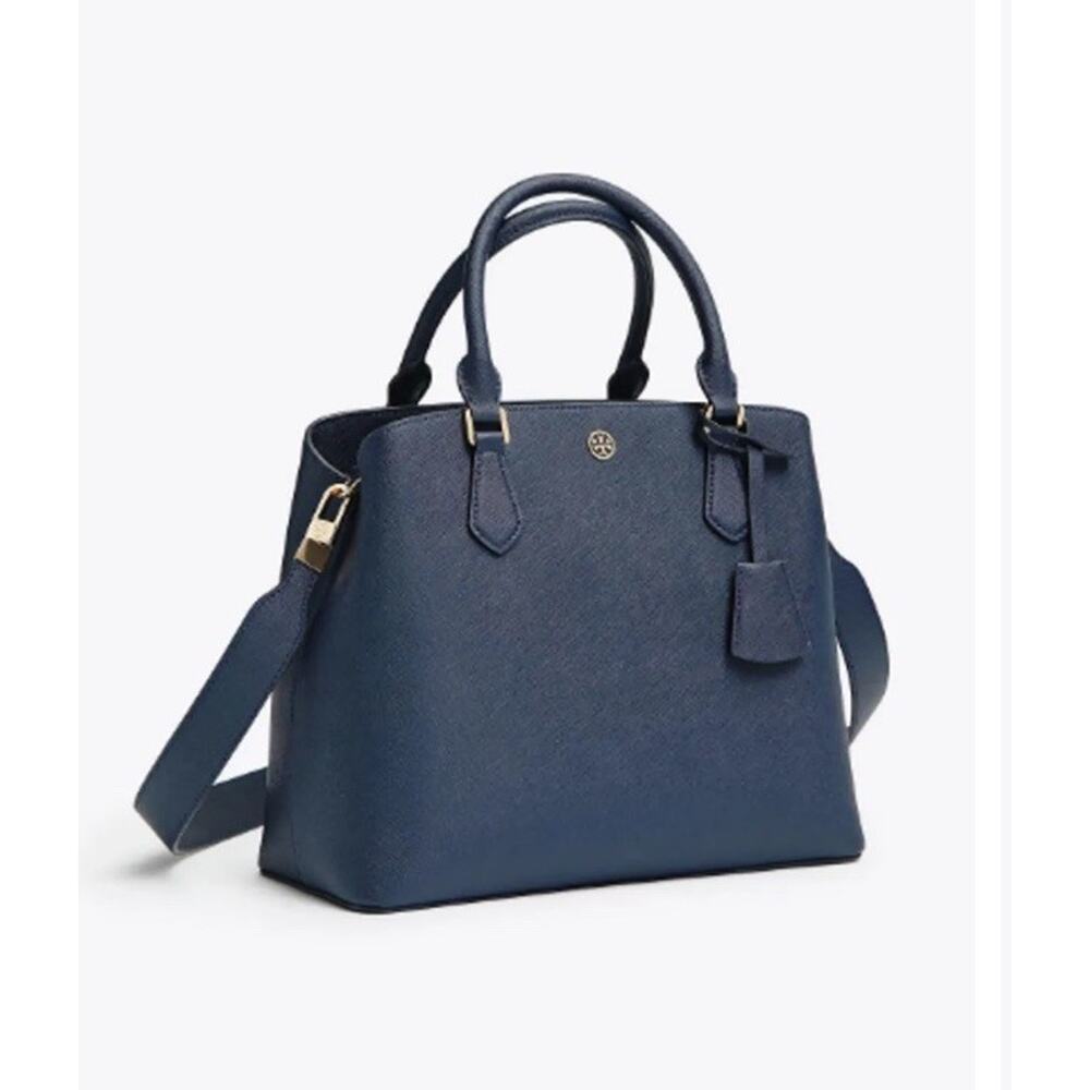 TORY BURCH Robinson Triple Satchel Navy Tote Curved Lines Saffiano Leather